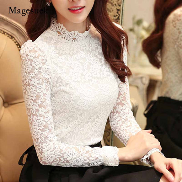 Lace Crocheted Hollow Out Top Stand-up Collar White Blouse Sweet Long Sleeve Oberlo
