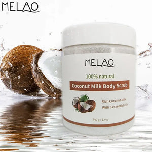 MELAO 100% Natural Coconut Milk Body Scrub with Dead Sea Salt Almond Oil and Vit E Susan's Beauty