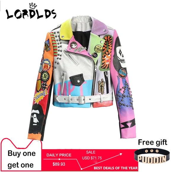 LORDLDS Cropped Leather Jackets Women Hip hop Colorful Studded Coat New Spring Ladies Motorcycle Punk Cropped Jacket with belt Susan's Beauty