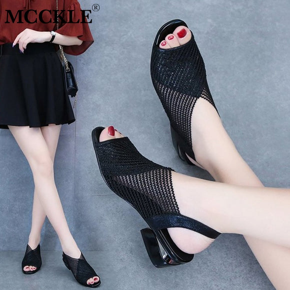 MCCKLE 2021 Women Sandals Fashion Thick Heel Peep Toe Women's Shoes Mesh Breathable Sandals Ladies Plus Size Girls Summer Sandal Oberlo